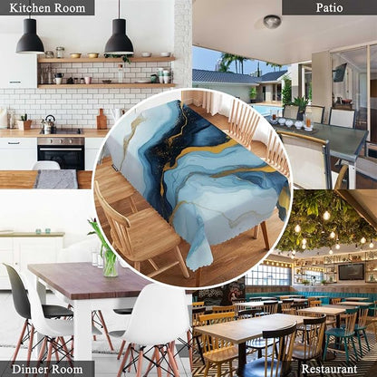 Swono Blue Gold Marble 52"X70" Oblong Table Cloth Natural Swirl Fluid Marble Wrinkle Free Table Cover Farmhouse Tablecloth for Home Restaurant Picnic Indoor Outdoor Dining