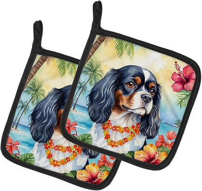 Caroline's Treasures Cavalier Spaniel Luau Pair of Pot Holders Kitchen Heat Resistant Pot Holders Sets Oven Hot Pads for Cooking Baking BBQ, 7 1/2 x 7 1/2