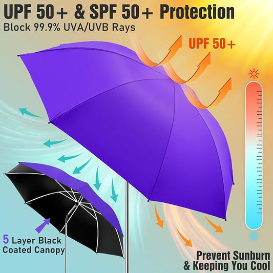 2 PACK Beach Umbrella with Clamp, 360 ° Adjustable Umbrellas for Chair, UPF50+ Umbrella for Beach Chair, Patio Chair, Wheelchair, Camping Chair, Golf Carts (Chair Not Included)