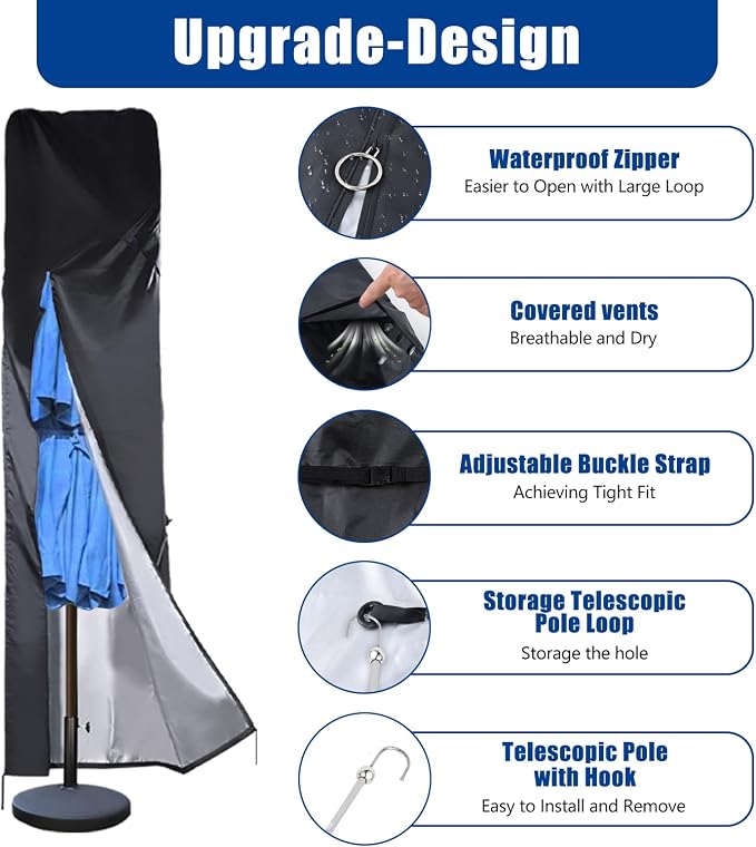 Patio Umbrella Cover 9ft to 13ft,420D Outdoor Umbrella Covers Waterproof,Oxford Fabric with Top Vent & Rod, fits Cantilever Offset Umbrella,Large Market Umbrella,Double-Sided Umbrellas