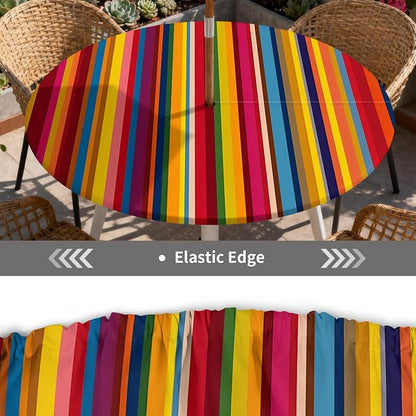 Outdoor Tablecloth with Umbrella Hole and Zipper Fits 61-65" Tables | Waterproof Round Fitted Tablecloth with Elastic Edge, Wipeable Outdoor Table Cover for Patio, Garden, Picnic