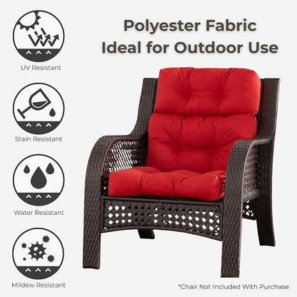 Outdoor Tufted High-Back Chair Cushions, One-Piece Hinged Seat and Back Design, Reversible with 4 Ties, Durable Polyester Fabric, Recycled Fiber Fill - Single, Salsa Red