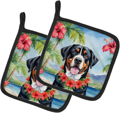 Caroline's Treasures Greater Swiss Mountain Dog Luau Pair of Pot Holders Kitchen Heat Resistant Pot Holders Sets Oven Hot Pads for Cooking Baking BBQ, 7 1/2 x 7 1/2