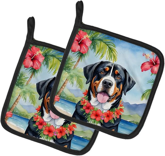 Caroline's Treasures Greater Swiss Mountain Dog Luau Pair of Pot Holders Kitchen Heat Resistant Pot Holders Sets Oven Hot Pads for Cooking Baking BBQ, 7 1/2 x 7 1/2