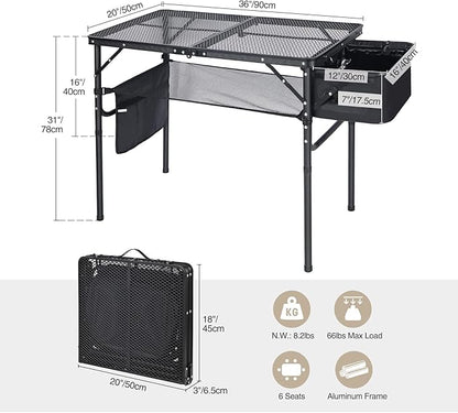 REDCAMP Folding Portable Grill Table with Sink for Outside, Lightweight Aluminum Metal Grill Stand Picnic Table for Camping Cooking BBQ RV Picnic, 2 Heights Adjustable,Black 36"x20"