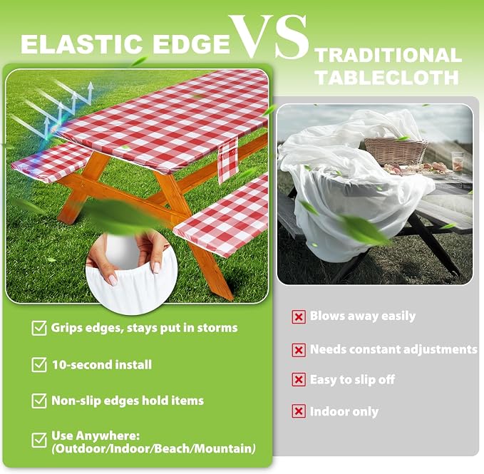 Wrakus Picnic Table Cover with Bench Covers Vinyl Elastic Edges Fitted Rectangle Seat Tables Waterproof 3-Piece72X30in Set Outdoor Rectangular Folding Backing Tablecloth for Camping Over Size