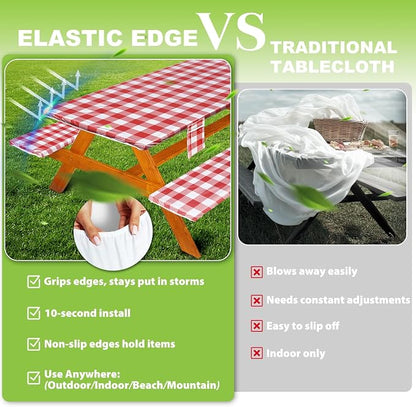 Wrakus Picnic Table Cover with Bench Covers Vinyl Elastic Edges Fitted Rectangle Seat Tables Waterproof 3-Piece72X30in Set Outdoor Rectangular Folding Backing Tablecloth for Camping Over Size