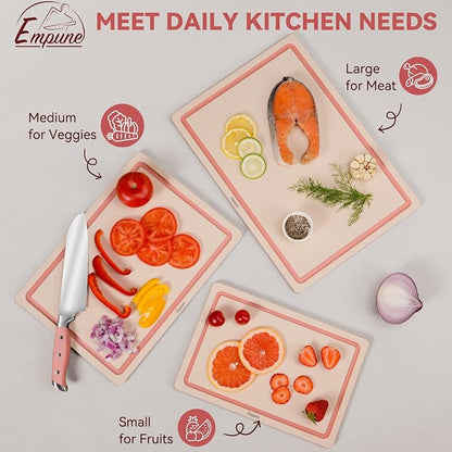 Empune 3-Piece Plastic Cutting Boards for Kitchen - Thick & Non-Slip Chopping Board Set with Juice Grooves, Dishwasher Safe, BPA Free, Includes Large & Small Sizes, Pink