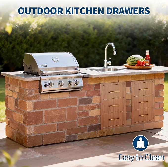 Garvee Outdoor Kitchen Drawers 16" W x 28.5" H x 20.5" D, Flush Mount Triple Access BBQ Drawers with Stainless Steel Handle for Outdoor Kitchens, BBQ Island, Patio Grill Station