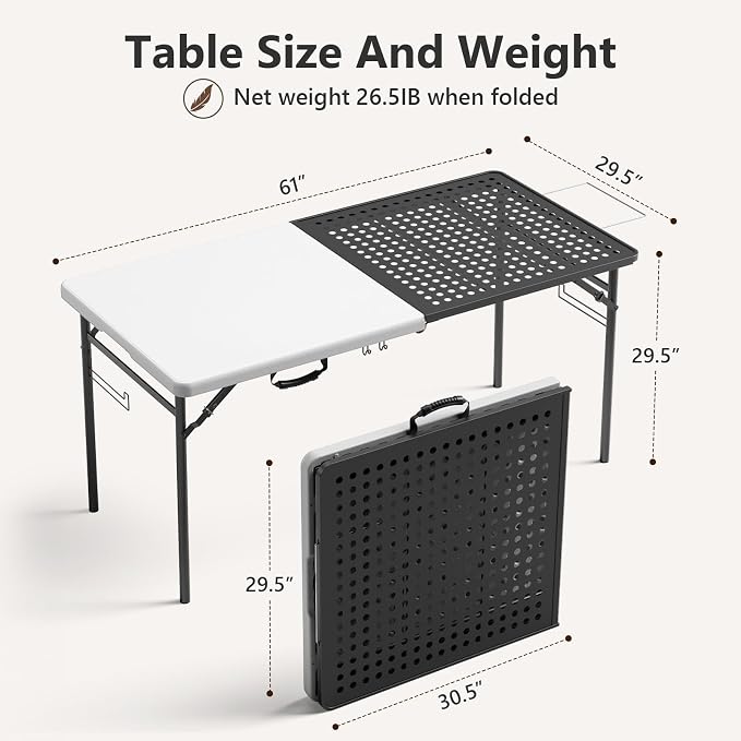5ft Folding Table for Picnic Camping, Portable Outdoor Table with Metal Grid Grilling Surface, Heavy Duty Foldable Table for Cook Prep,Suitable for Camping, Backyard, Patio and Beach