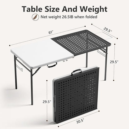 5ft Folding Table for Picnic Camping, Portable Outdoor Table with Metal Grid Grilling Surface, Heavy Duty Foldable Table for Cook Prep,Suitable for Camping, Backyard, Patio and Beach