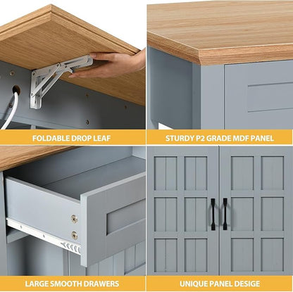 DWVO Rolling Kitchen Island with Drop Leaf, Mobile Storage Islands with Power Outlet Foldable Tabletop, 2 Drawers and Open Shelves, for Living Room, Dining Room, Blue Gray