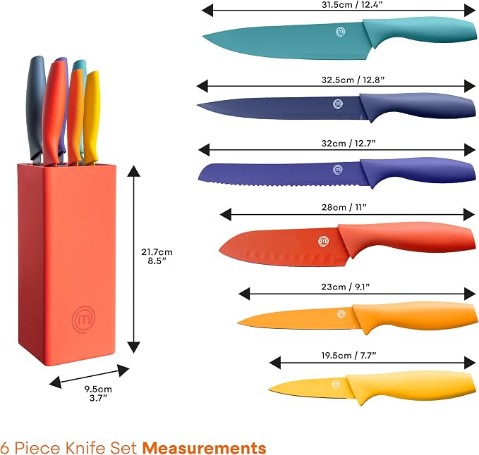 MasterChef Knife Set with Block, 7pc Kitchen Knives Set with Holder, Color | Knife Block Set with Sharp Stainless Steel Blades for Precise Cutting with Non Stick Coating & Soft Touch Easy Grip Handles