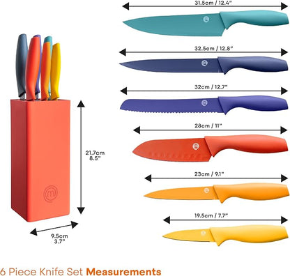 MasterChef Knife Set with Block, 7pc Kitchen Knives Set with Holder, Color | Knife Block Set with Sharp Stainless Steel Blades for Precise Cutting with Non Stick Coating & Soft Touch Easy Grip Handles