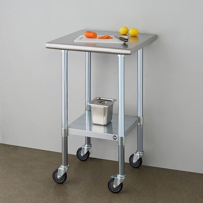ROCKPOINT Stainless Steel Table for Prep & Work with Caster Wheels 24x24 Inches, NSF Metal Commercial Kitchen Heavy Duty Table with Adjustable Under Shelf and Table Foot for Restaurant, Home and Hotel
