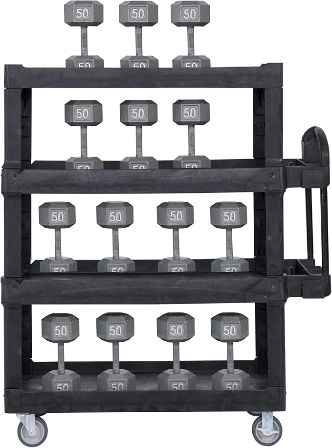 New Rubbermaid Commercial Products 4-Shelf Utility/Service Quad Cart, Heavy Duty Large, Lipped Shelf, Ergonomic Handle, 700 lbs. Capacity, for Warehouse/Garage/Cleaning/Manufacturing (2128657) Black