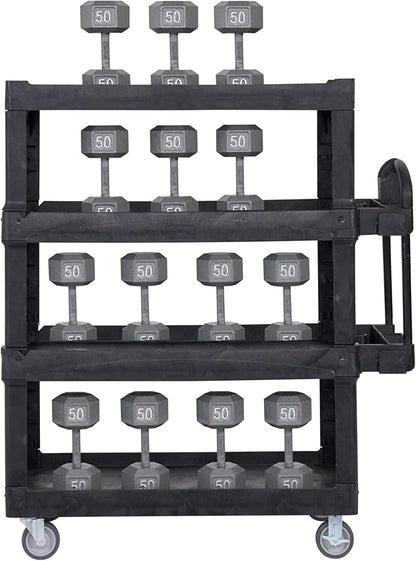 New Rubbermaid Commercial Products 4-Shelf Utility/Service Quad Cart, Heavy Duty Large, Lipped Shelf, Ergonomic Handle, 700 lbs. Capacity, for Warehouse/Garage/Cleaning/Manufacturing (2128657) Black