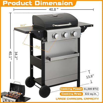 CIG GARDEN 3-Burner Propane Gas Grill,Outdoor Barbecue Grill with Side Tables and Wire Enamel Cooking Grids,31,500 BTU Output Stainless Steel BBQ Grill for Patio Garden Camping Backyard