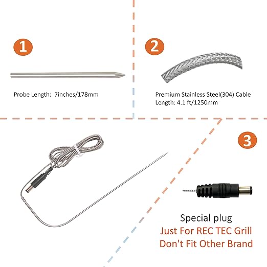 Replacement Temperature Meat Probe for Rec Tec Wood Pellet BBQ Grills,Recteq RT-1250, RT-700, RT-590, RT-B380 Bullseye Grill Accessories,2-Pack