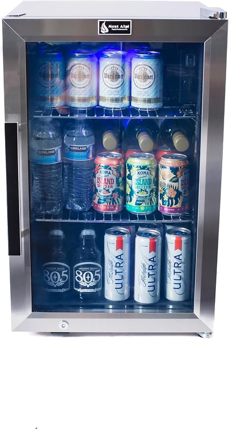 Mont Alpi Premium 27"H x 18.5"D x 17.5"D Stainless Steel All Weather Outdoor Refrigerator 2.7 cu. ft. Glass Door Fridge with Temperature Control + Lockable Door + Adjustable Shelves + Blue Lighting