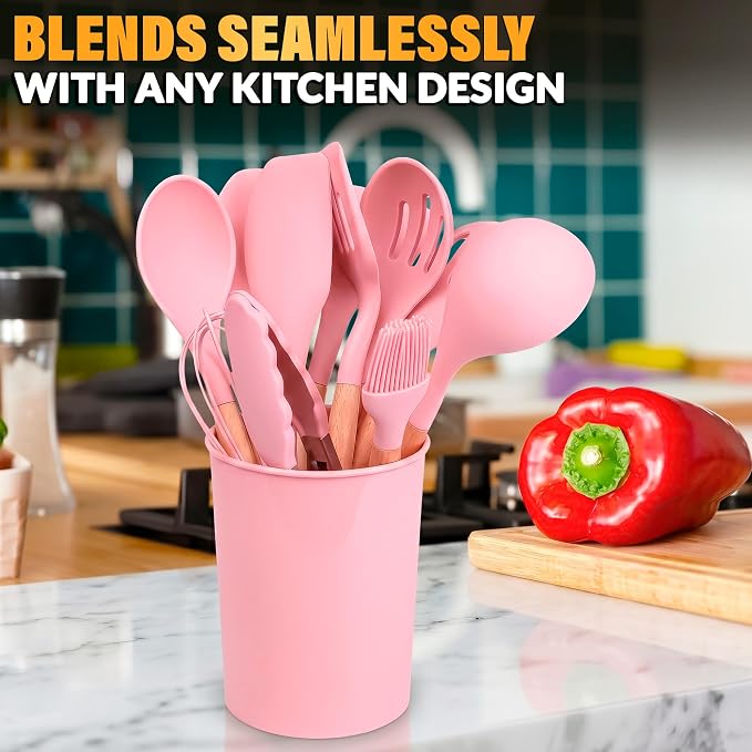 12 Pcs Pink Cooking Utensils Set with Holder for Nonstick Cookware | Silicone Kitchen Utensils Set for BBQ; Heat-Resistant Tools with Wooden Handles for Baking, Serving, Frying, and Mixing