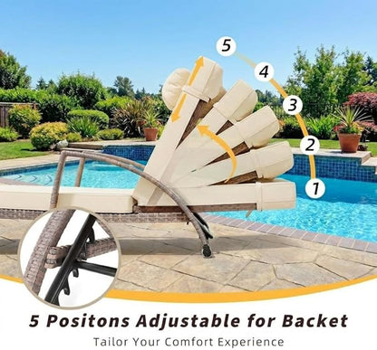 Garvee Outdoor Chaise Lounge Set of 2, 5-Position Adjustable PE Wicker Reclining Chairs with Wheels & 3.5" Cushions, 400 lbs Capacity All-Weather Patio Furniture for Poolside, Garden, Beach(Beige)