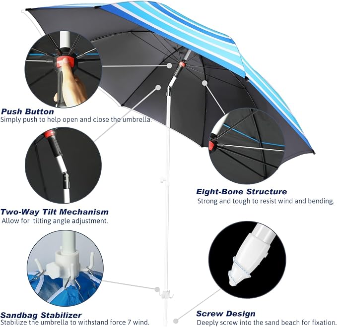 Fisqueen 8FT Large Beach Umbrella with Wind Resistance Sand Anchor Sand Bag, Portable Outdoor Umbrella with UPF50+ UV Protection, Tilt Sun Shelter for Beach, Patio, Yard