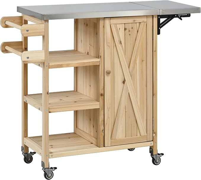 JIVOIT Outdoor Kitchen Island with Foldable Stainless Steel Tabletop, Patio Fir Wood Kitchen Cart Portable Prep Station with Lockable Wheels, Storage Cabinet and Towel Rack (Natural/123)