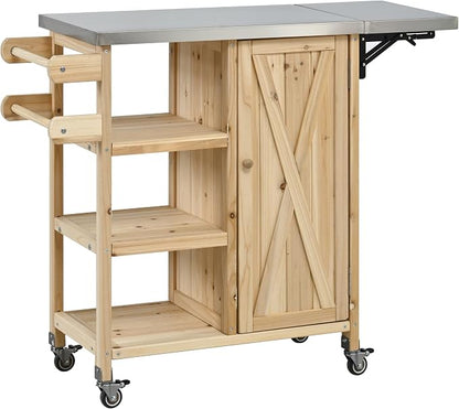 JIVOIT Outdoor Kitchen Island with Foldable Stainless Steel Tabletop, Patio Fir Wood Kitchen Cart Portable Prep Station with Lockable Wheels, Storage Cabinet and Towel Rack (Natural/123)