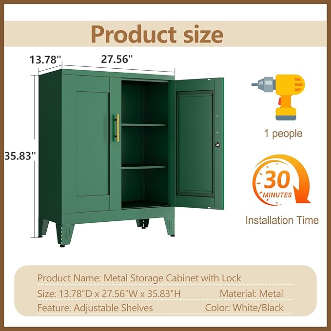GAIOUS Green Metal File Cabinet with Lock (Two Units), Steel Storage Cabient with 2 Doors and 2 Adjustable Shelves, Multifunctional Locked Cabinet for Home/Office/Garage/Tool Room, Accent Furniture