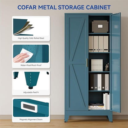COFaR Metal Pantry Cabinet with Doors, Farmhouse 71'' Tall Storage Cabinet with 4 Adjustable Shelves, Kitchen Pantry Cabinet for Dinning Room, Laundry, Peacock Blue 5-Tier
