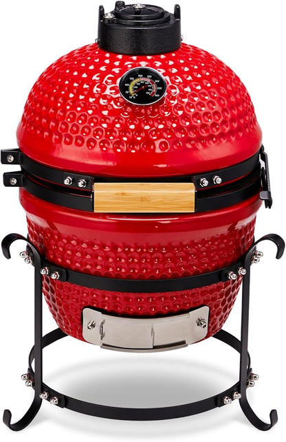 Outvita 13" Round Kamado Charcoal Grill, Portable Ceramic Barbecue Grill with Thermometer for Variations on Cooking Methods(Red)