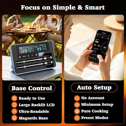 Bluetooth Wireless Meat Thermometer Digital for BBQ Oven Smoker Grill | 800FT Food Thermometer for Cooking with Standalone Base, 2 Meat Probes with Dual Sensors, NIST Certified Accuracy