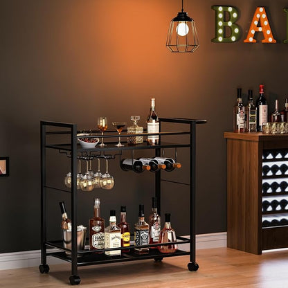 Joaxswe Bar Cart,Home Bar Serving Cart with Storage Shelves, 2 Tier Rolling Beverage Cart with Wheels, Modern Wine Cart with Wine Rack and Glass Holder for Kitchen, Living Room,Dinning Room,Black | 2 Tier Rolling Beverage Cart,Modern Wine Cart w/ Wine ...