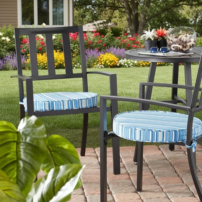Set of 2 Outdoor 18 inch Round Patio Dining Chair Pads – Comfortable Fiber-Filled Seat Cushions with Ties, Reversible Polyester Fabric - Sapphire Stripe