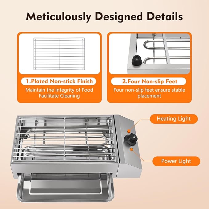 Countertop Electric BBQ Grill, 1800W Commercial Electric BBQ Grill Outdoor with Adjustable Temperature Range Practical Tray and Portable Commercial Non-Stick Barbecue Griddle Rack for Domestic Party