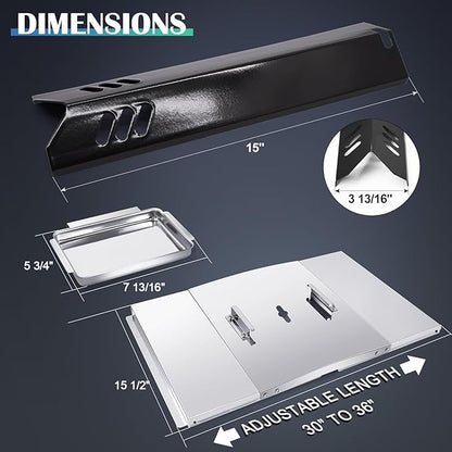 Hiorucet Grill Grease Tray Replacement Parts for Dyna Glo DGB610SSP, Adjustable 30''-36'' Gas Grill Drip Pan with Catch Pan, Heat Plate Shields for Dyna Glo 6 Burner Grill Parts.