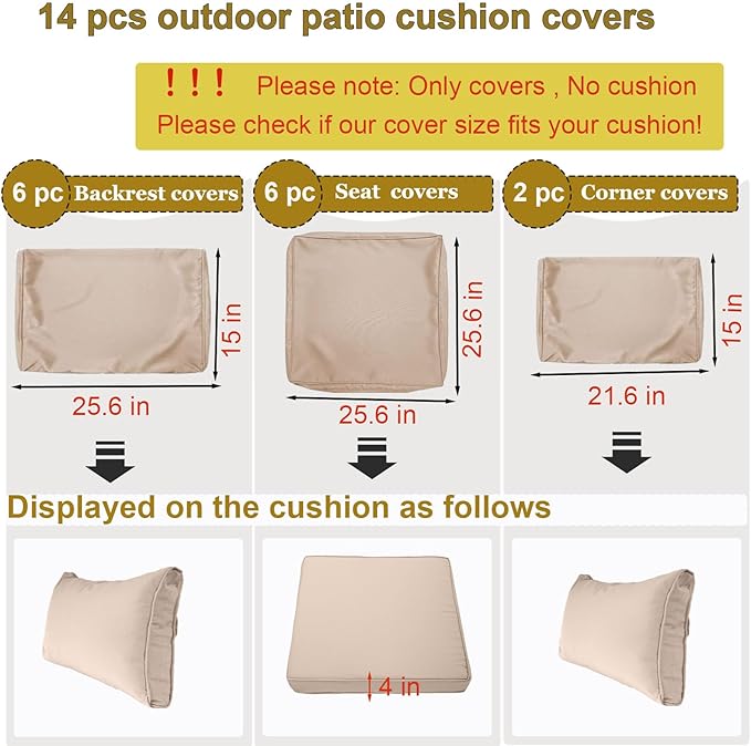 14 Piece Outdoor Patio Cushion Cover Replacement, Waterproof Patio Cushion Covers, Outdoor Furniture Cushion Covers Set for 6 Seat Wicker Rattan Sofa (Khaki)