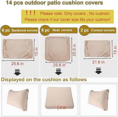 14 Piece Outdoor Patio Cushion Cover Replacement, Waterproof Patio Cushion Covers, Outdoor Furniture Cushion Covers Set for 6 Seat Wicker Rattan Sofa (Khaki)