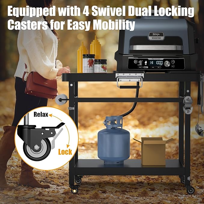 Universal Grill Stand for Ninja Woodfire Outdoor Grills,Portable Foldable Grill Cart Table for XSKUNSTAND OG700 OG800 OG900 OO101 SER Smoker Pizza Oven Accessories with 4 Wheels & Cover