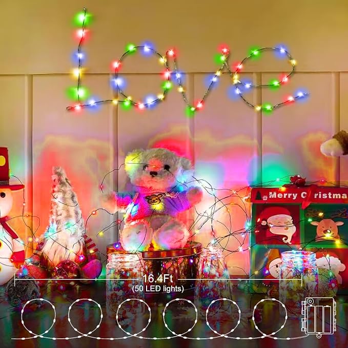 4 Pack Green Wire Fairy Lights Battery Operated Twinkle Lights | 16.4 Ft 50 LED Battery Christmas Lights Waterproof with Auto Timer 8 Modes for Xmas Wreath Tree Decor, Multicolor