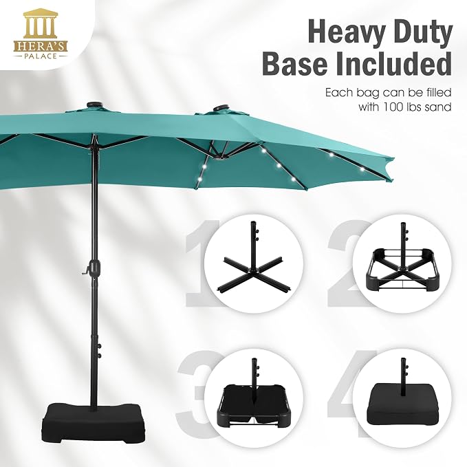 15ft Patio Umbrella with Solar lights & Base, Large Umbrellas, Turquoise | HERA'S PALACE Rectangle Double Market Umbrella with 36 LED Lights, Big Outdoor Umbrellas for Pool Picnic Inground Yard Deck