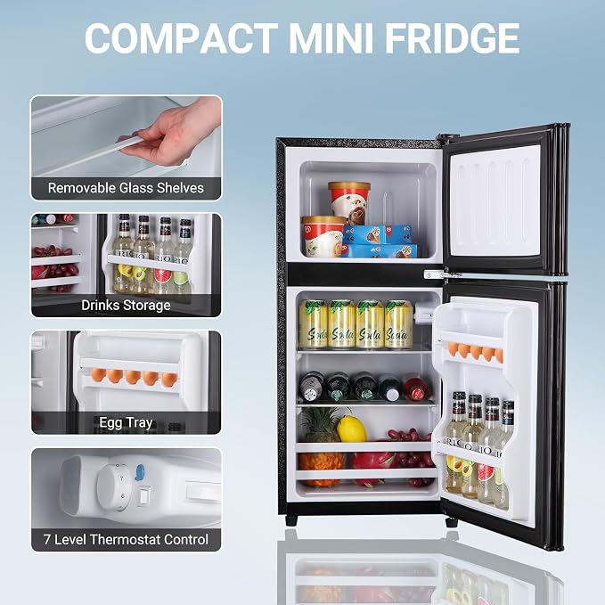 Mini Fridge with Freezer 4.0 Cu.Ft. Double-Door Mini Refrigerator Low Noise | 7-Level Adjustable Thermostat & Adjustable Glass Shelves, Compact Dorm Fridge 37 dB Low Noise for Bedroom, Black