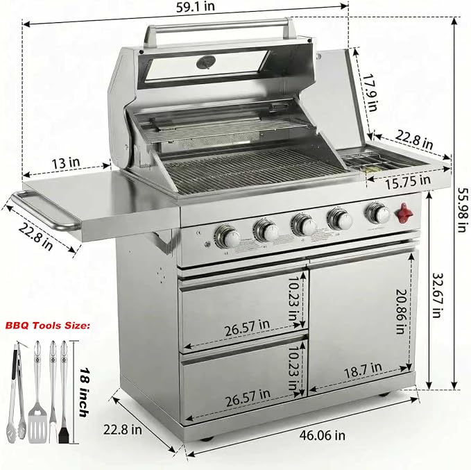 46" Outdoor BBQ Island Grill, 75,300 BTU 4 Burners + Side Burner, Infrared Rear Burner, LP/NG Convertible, Granite Top, Rotisserie, BBQ Tools, Cover Stainless Steel Outdoor Kitchen Island