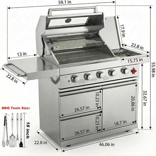 46" Outdoor BBQ Island Grill, 75,300 BTU 4 Burners + Side Burner, Infrared Rear Burner, LP/NG Convertible, Granite Top, Rotisserie, BBQ Tools, Cover Stainless Steel Outdoor Kitchen Island