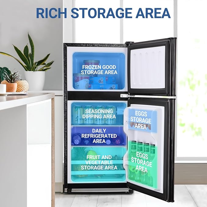 Dorm Fridge with Freezer Small Refrigerator 3.5 Cu. Ft. 7-Level Temperature | Mini Fridge with Freezer for Apartment, 7 Temperature Adjustable Apartment Size Fridge for Kichen, College, RV, Office, Black