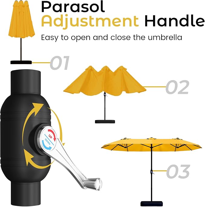 DomeShade 15FT Double-Sided Patio Umbrella with Base,Large Outdoor Rectangular Market Umbrella with Stand & Crank Lift,UV-Resistant Outside Umbrella for Garden,Poolside,Lawn,Deck,Yellow