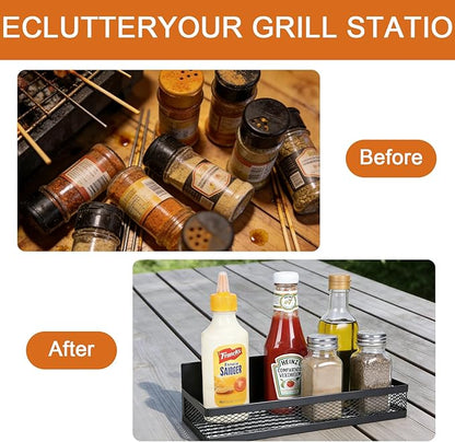 2-Pack Magnetic Storage Bin for Charcoal Grill with 8 Hooks, Shelf for Outdoor Smoker, Food-Grade BBQ Tool Organizer for Pellet Grill, Black