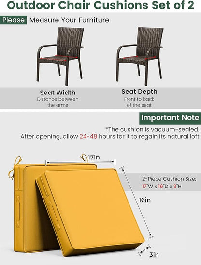 Outdoor Chair Cushion 17 x 16 x 3 Inches Patio Furniture Outdoor Waterproof Seat Cushion, Patio Chair Cushion with Handles and Ties, Square Dining Chair Cushion Set of 2, Yellow