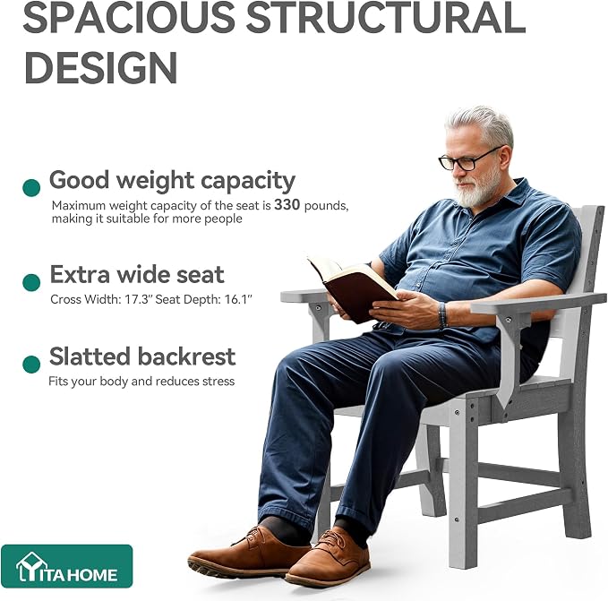 YITAHOME Wood-Grain Textured Resin Chairs Set of 2, Sturdy Patio Chair w/Max Bearing 330 LBS, All-Weather Outdoor Patio Chairs for Terrace, Garden, Backyard, Poolside, Gray